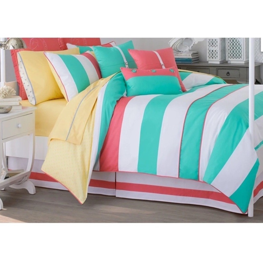 Southern Tide Cabana Stripe Twin Comforter 3 Pc.Set Lite Coral Mint Green Yellow